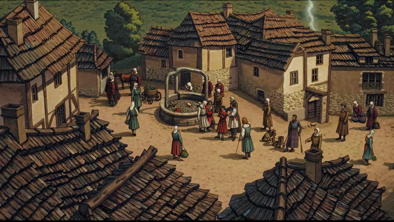 Aerial view of a medieval village with rustic houses and lush hills, styled like a video game
