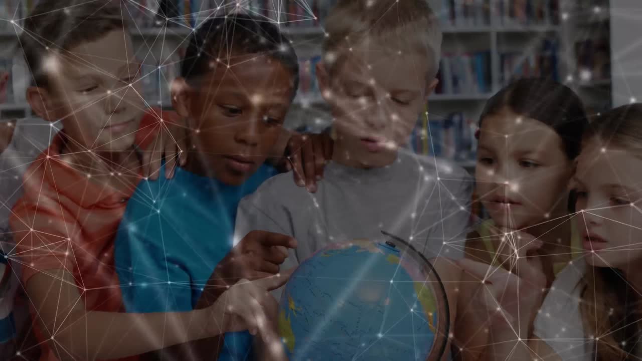 Animation of networks of connections over diverse schoolchildren reading globe