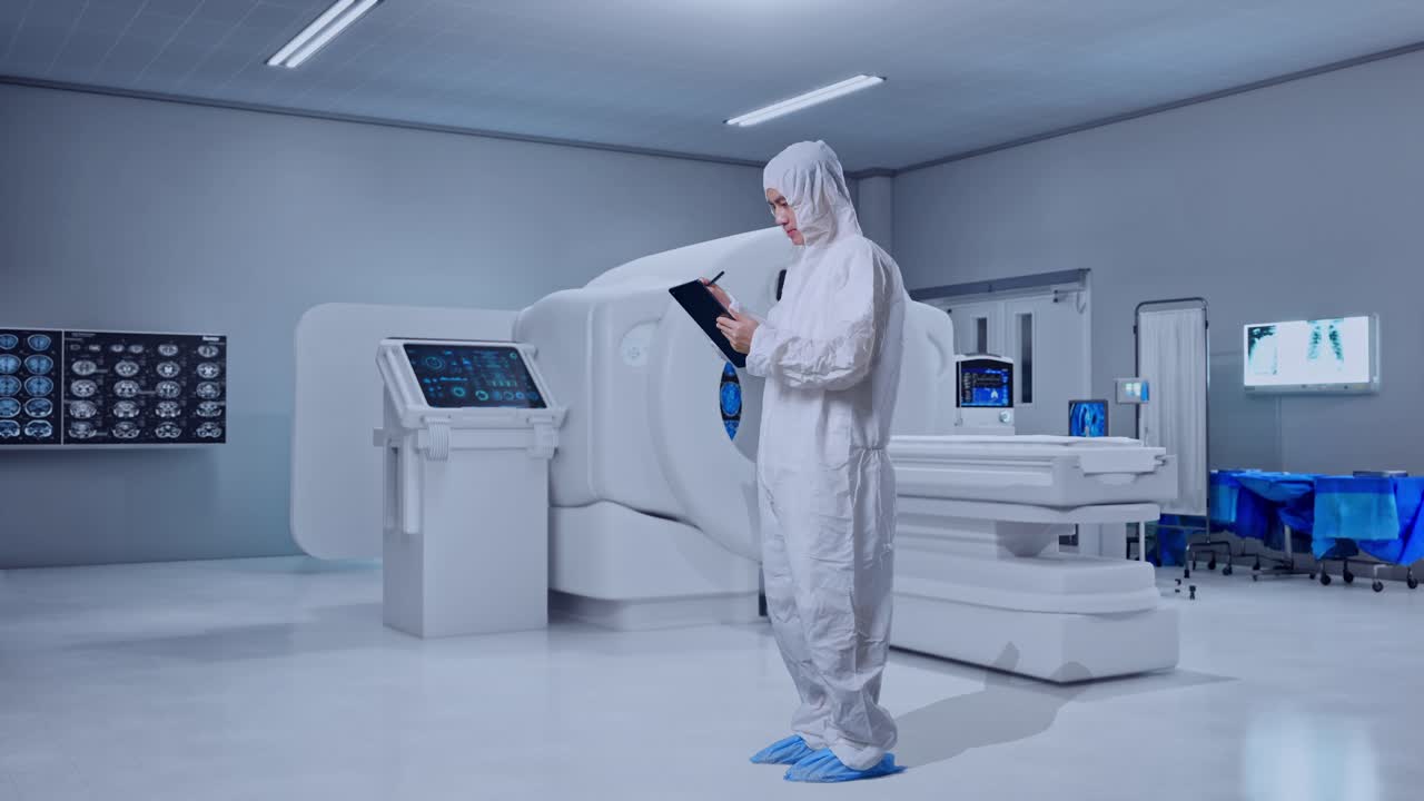 Full Body Of Side View Of Asian Male Scientist Taking Note On A Tablet While Standing With MRI Machine In The Hospital