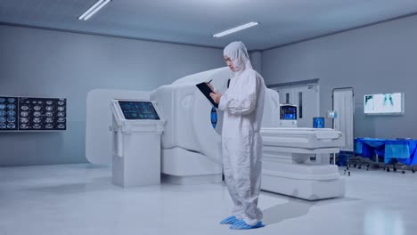 full body of side view of asian male scientist taking note on a tablet while standing with mri machine in the hospital