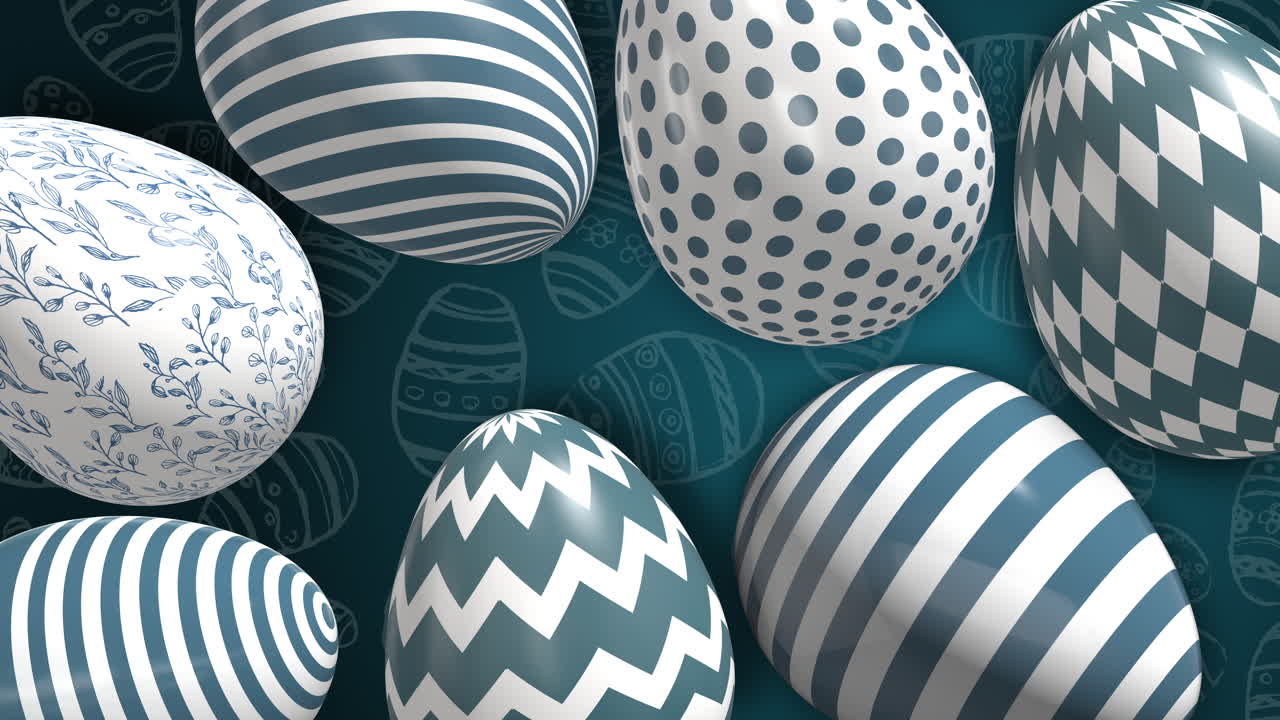 Easter holiday eggs with blue geometric patterns. Animated looped background. Christian religious holiday of Easter.