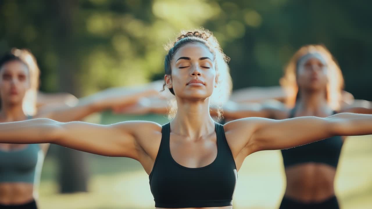 Una serena sessione di yoga all'aperto ripresa all'altezza degli occhi, incentrata su una donna che medita