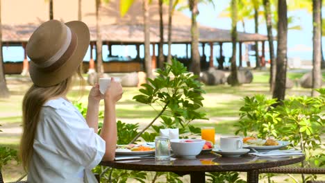 beautiful girl have breakfast at outdoor cafe with amazing tropical island view