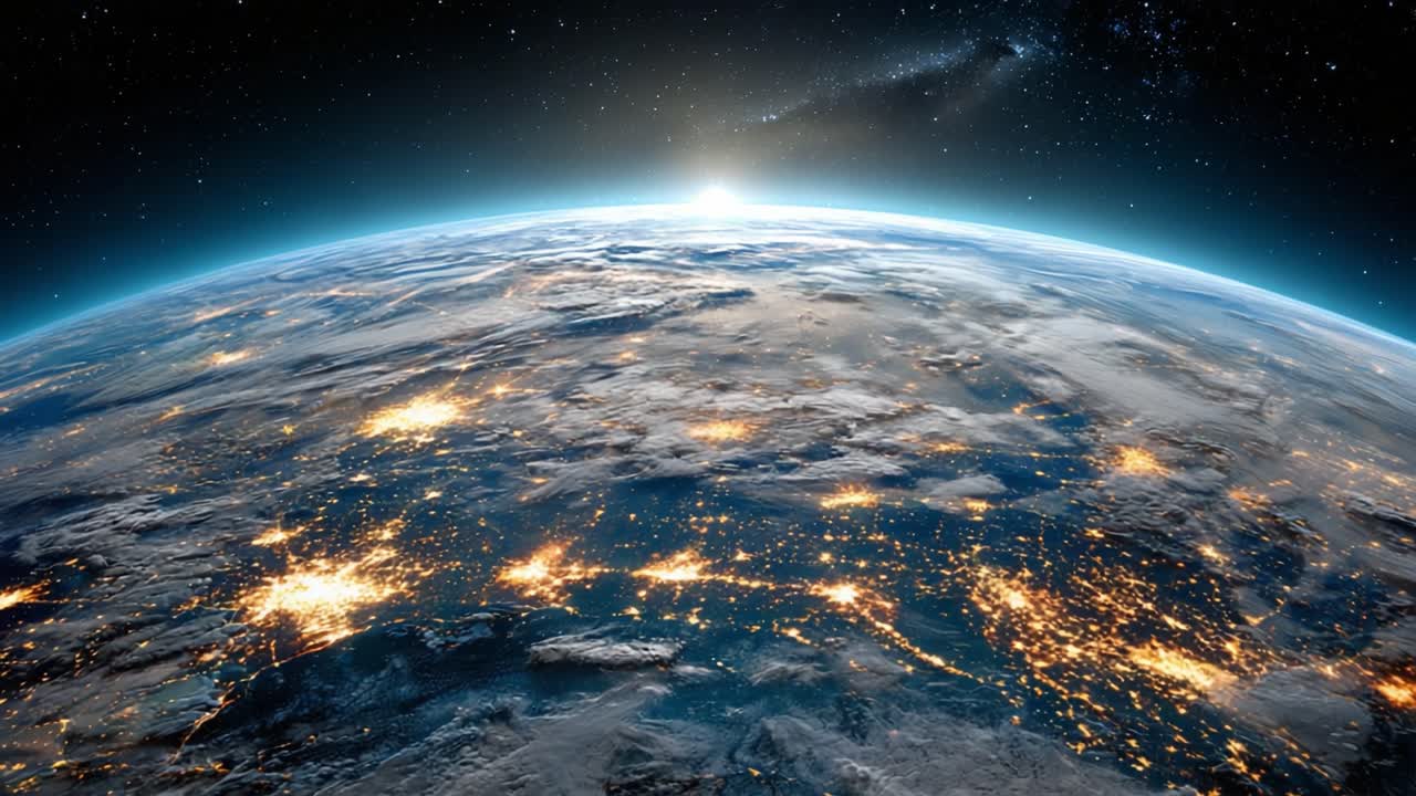 Een prachtig uitzicht op de aarde vanuit de ruimte: de schoonheid en verbondenheid van onze planeet vastleggend met zijn verlichte steden en de gloeiende horizon bij zonsopgang