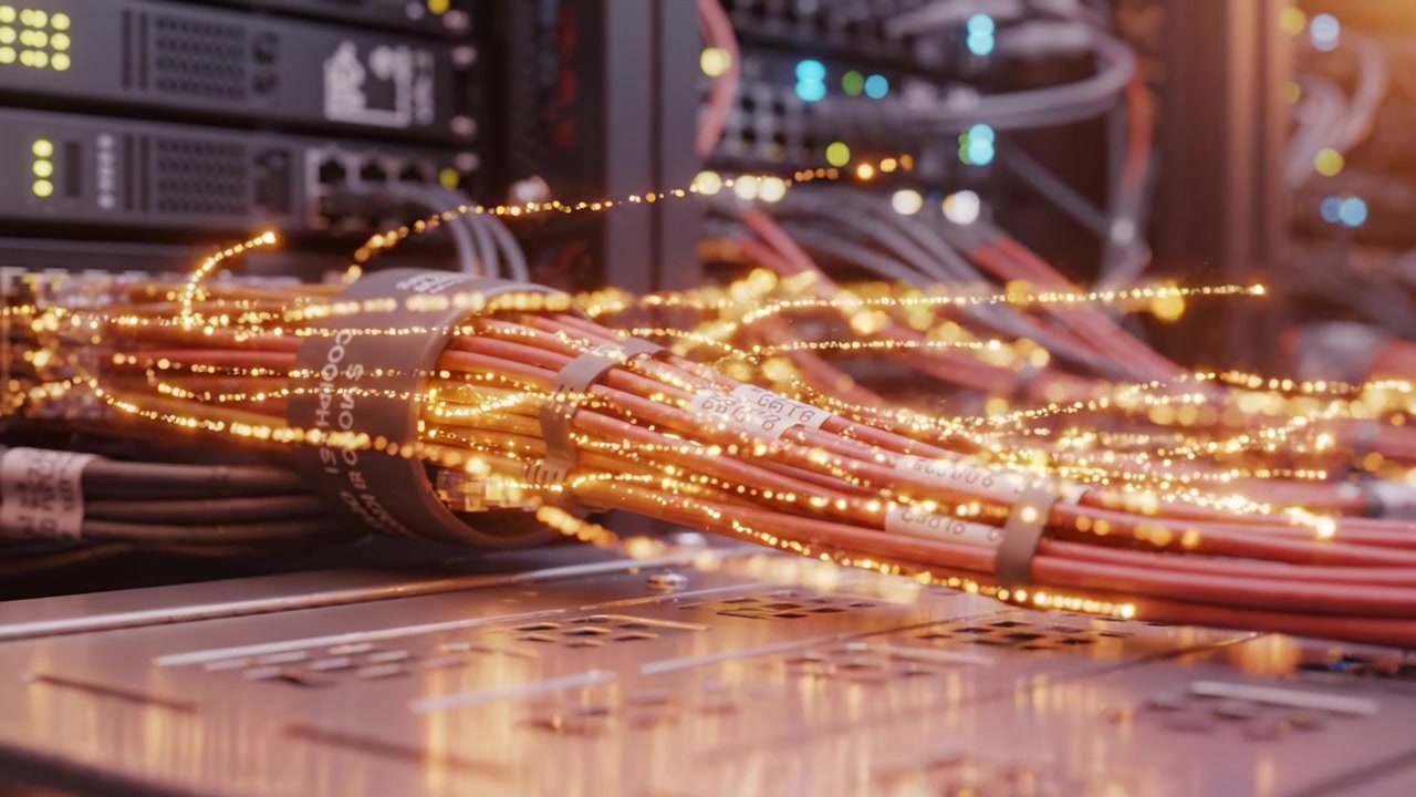 A Close-Up View of Network Cables in a High-Performance Server Rack with Illuminated Equipment and Organized Wiring for Efficient Data Transmission