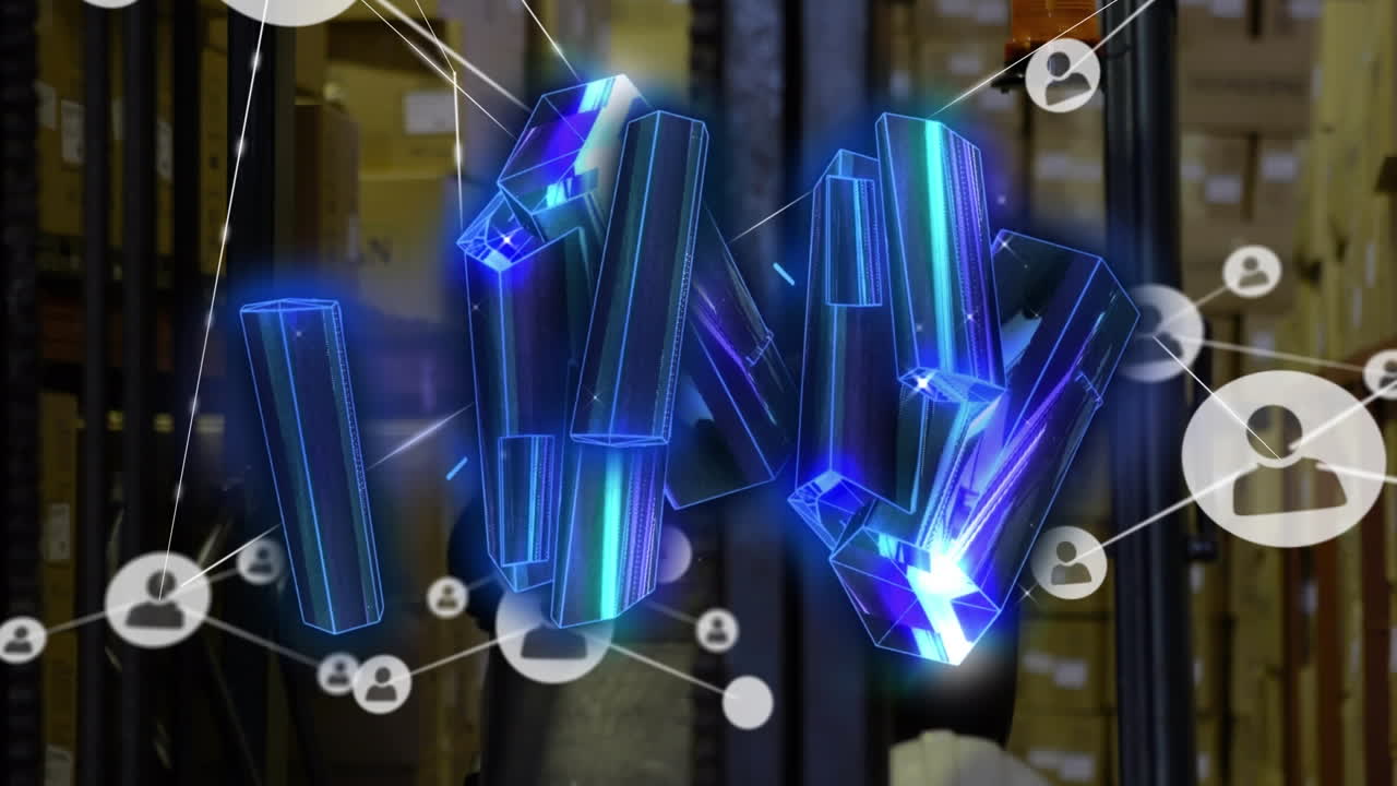 창고에서 일하는 사람 위의 아이콘과 함께 파란 블록과 연결 네트워크의 애니메이션