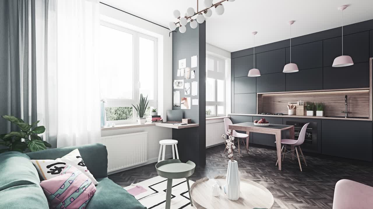 Moderne indretning af stue og køkken med mørke møbler og store vinduer
