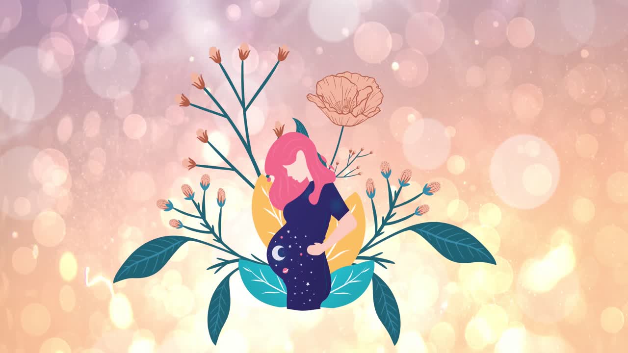 꽃 과 반 ⁇ 이는 빛 의 반점 위 에 있는 임산부 의 그림 의 애니메이션