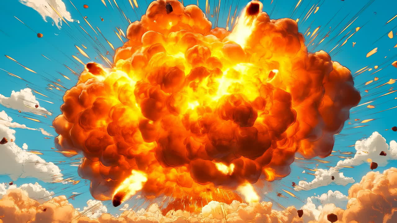 Large explosion occurs in a clear sky. A huge explosion fills the sky with fire and smoke, surrounded by fluffy clouds during daylight hours