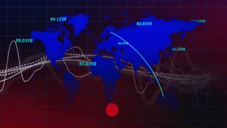 animación de gráficos, datos y mapa del mundo sobre un fondo rojo oscuro