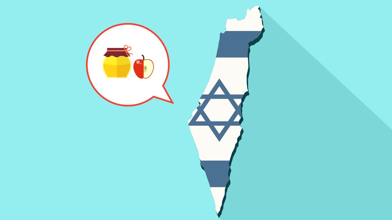 긴 그림자 이스라엘 지도와 발과 병과 사과와 함께 만화 풍선의 애니메이션