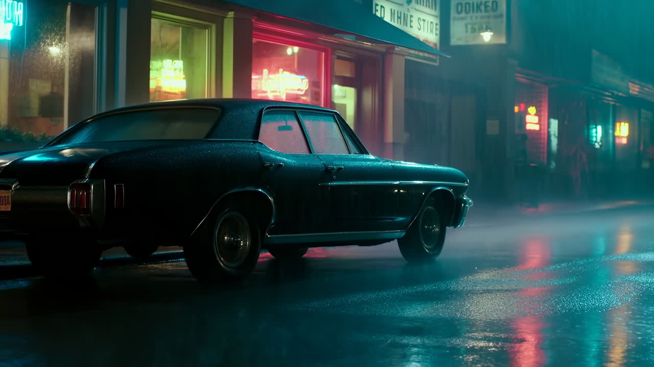 Neon-Diner-Fassade mit geparktem Coupé, einsames Retro-Coupé unter türkisblauem und purpurrotem Schein, nasse Asphaltspiegelungen
