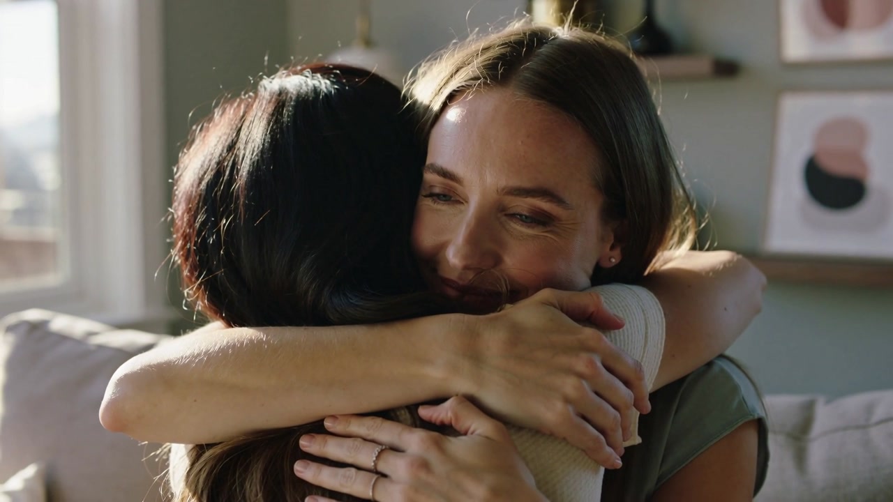 Hugging two adult women in muted green and beige tops on living room sofa, seeking comfort