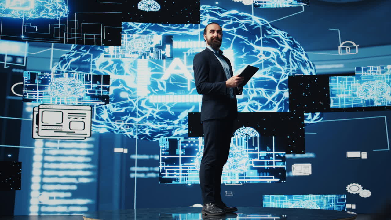 Tech savvy administrator reviewing AI brain programming on a tablet