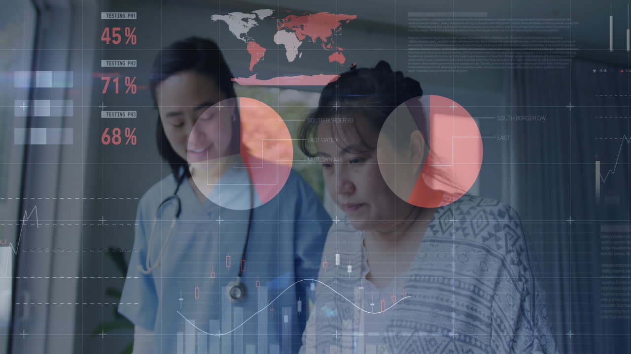 Analyzing data with graphs and animation, medical professionals at school meeting