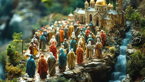 figures gather near a detailed miniature temple by a waterfall