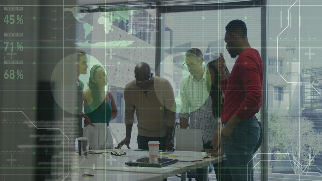 Animation of financial data processing over diverse business people having meeting at office