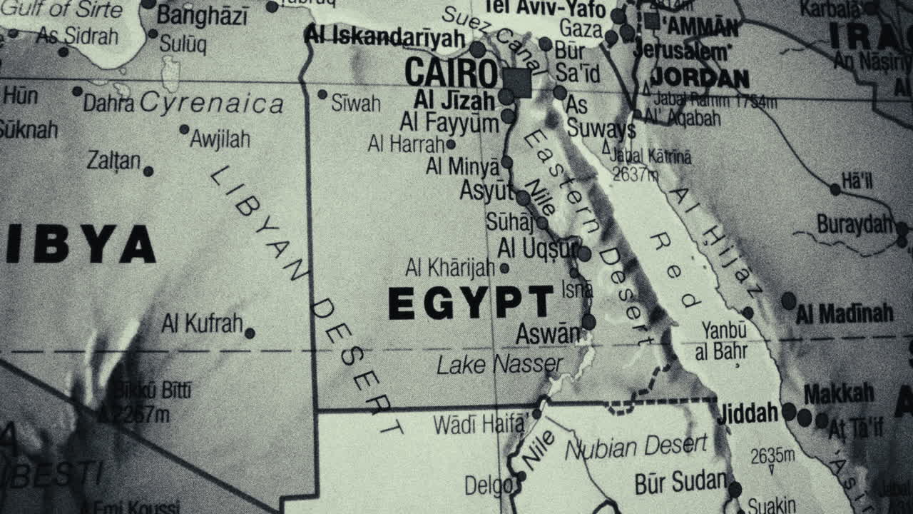 A detailed close-up of a vintage map showcasing Egypt and surrounding regions like Libya, Jordan, and the Red Sea
