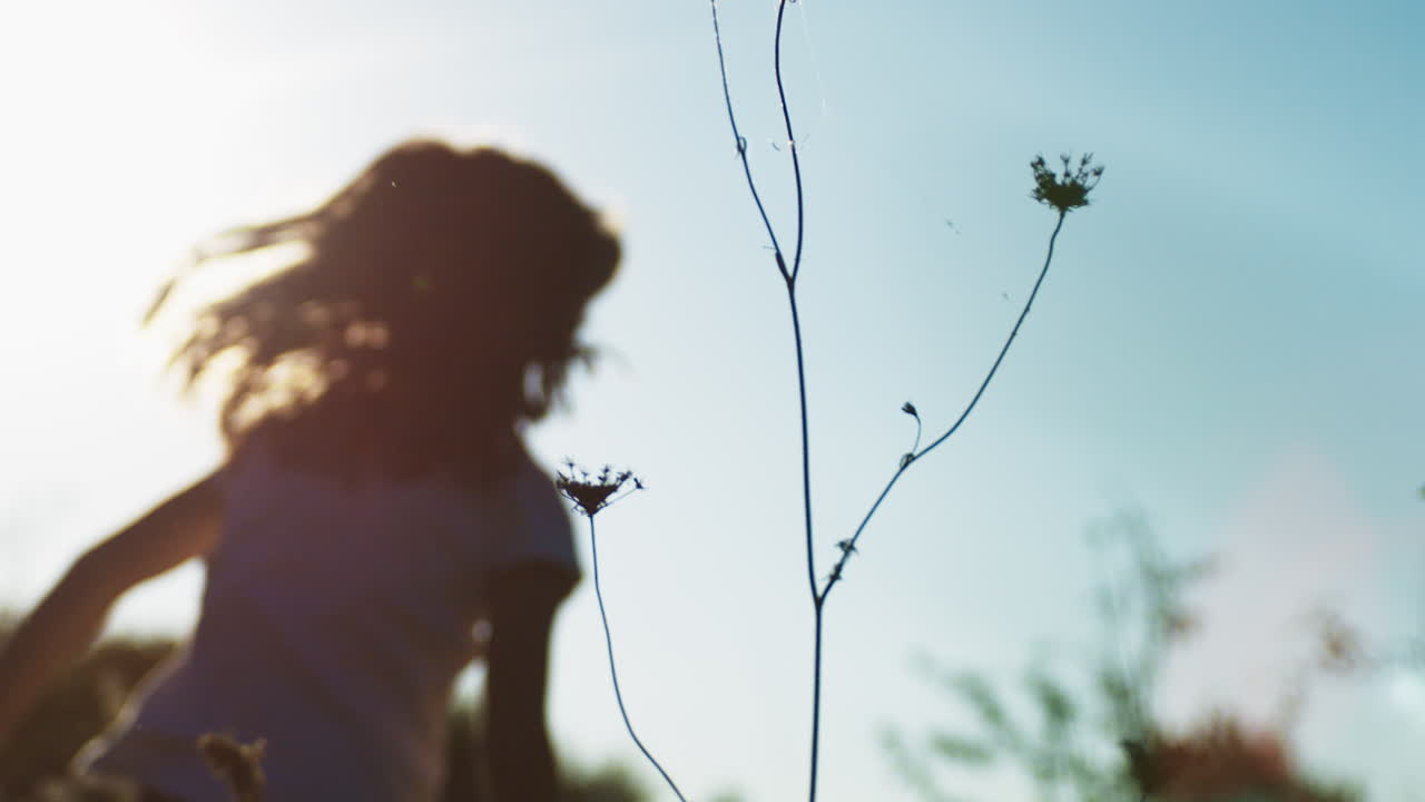 해가 지는 동안 들판에서 달리는 여자