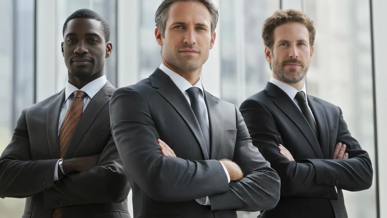 Professional multi ethnic business team standing confidently with crossed arms, displaying strong teamwork and leadership within contemporary corporate workspace