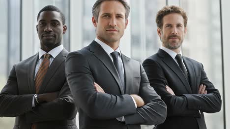 professional multi ethnic business team standing confidently with crossed arms, displaying strong teamwork and leadership within contemporary corporate workspace
