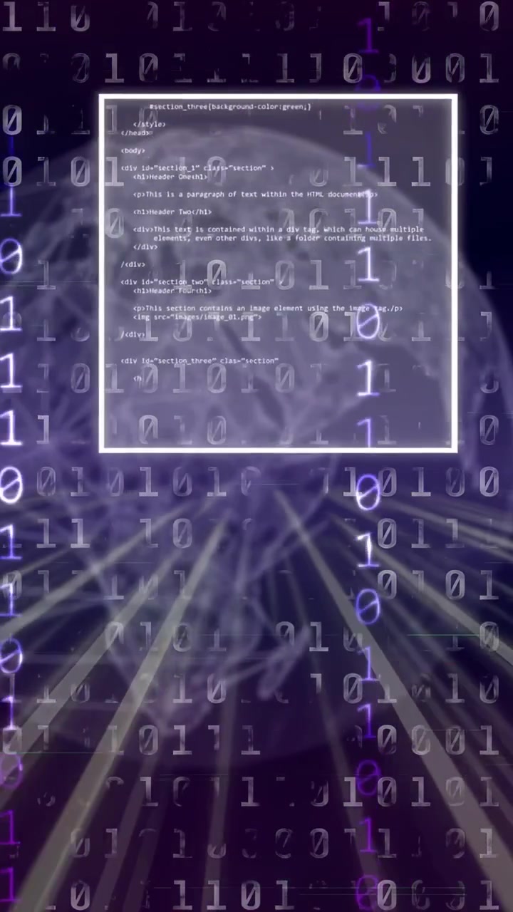 Vertikal video: Binær kaskade starter, lilla globus driver, UI-paneler glir og viser dataflyt.