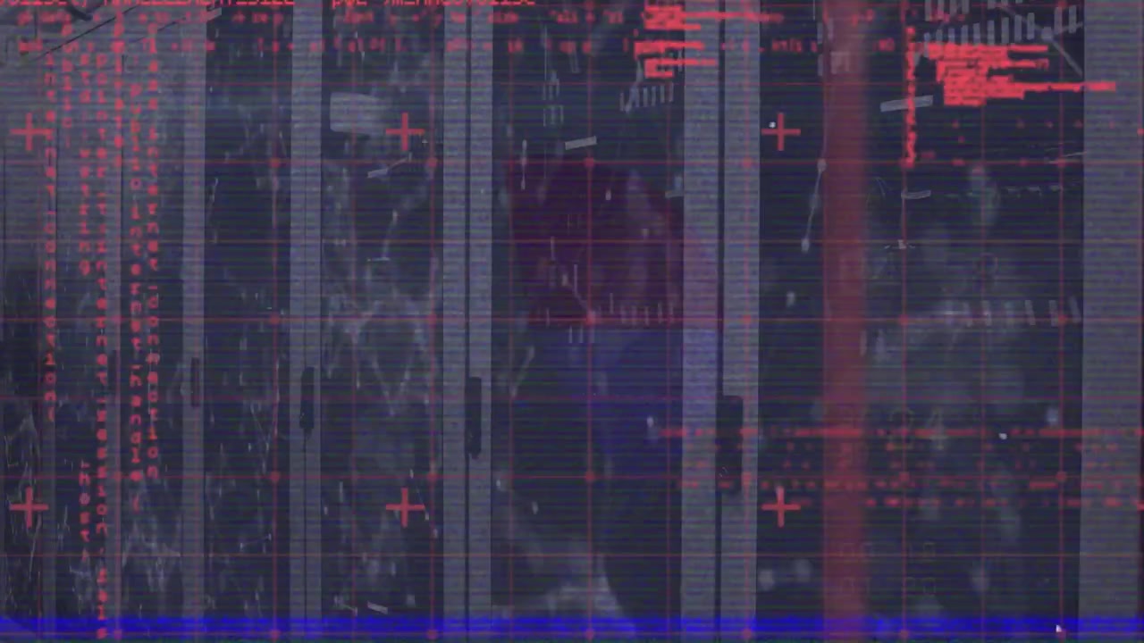 Animation of connected dots and computer language over grid pattern against server room
