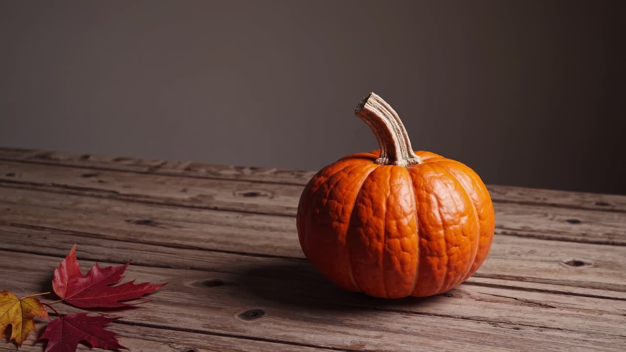 A rustic video scene of a pumpkin on a wooden table, captured from a side angle