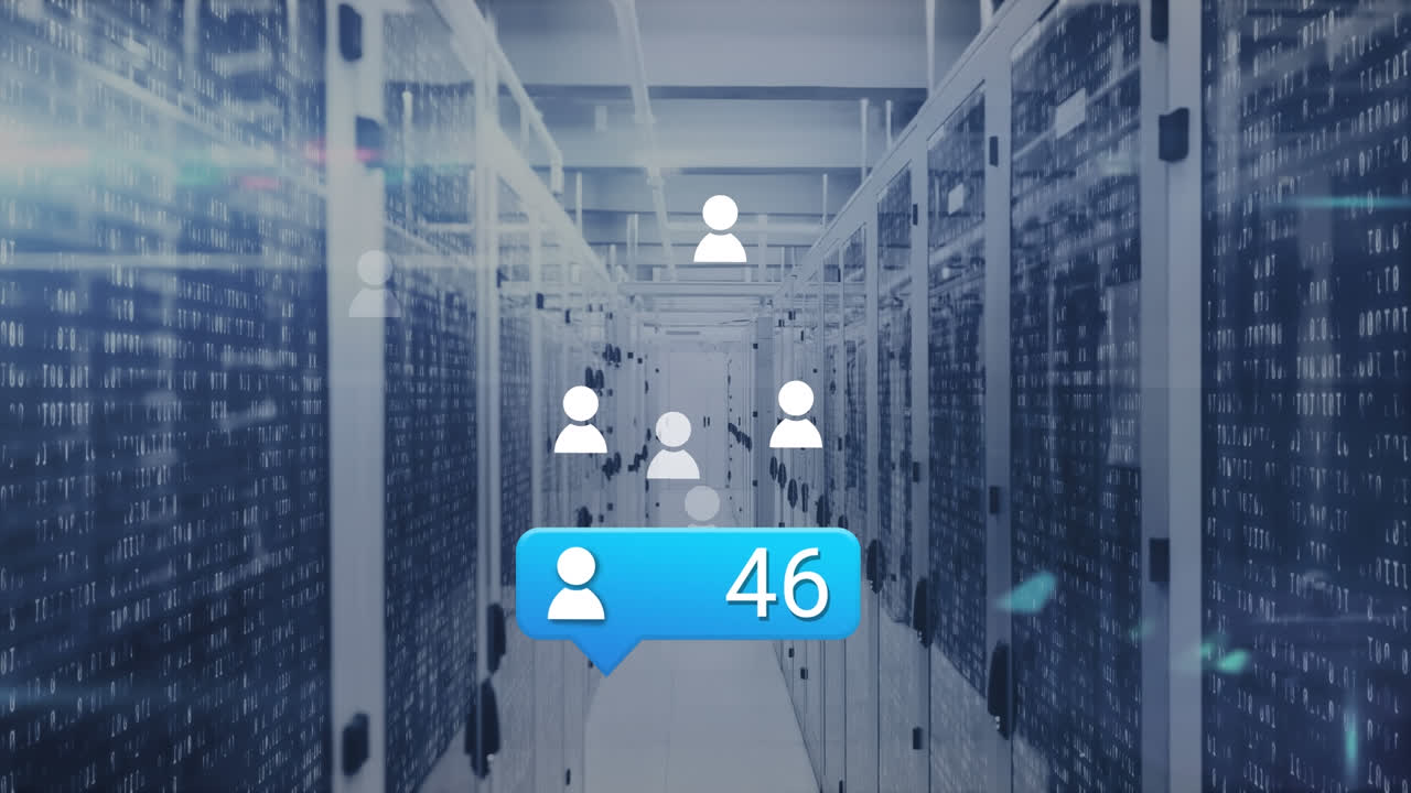 Animation of profile icon with increasing numbers and light spot against computer server room