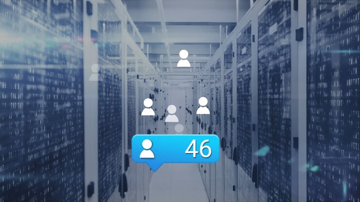 Animation of profile icon with increasing numbers and light spot against computer server room