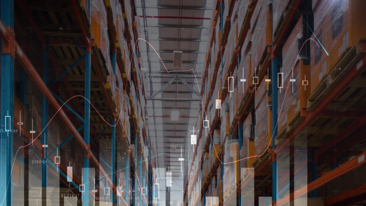 animación del procesamiento de datos en un almacén vacío