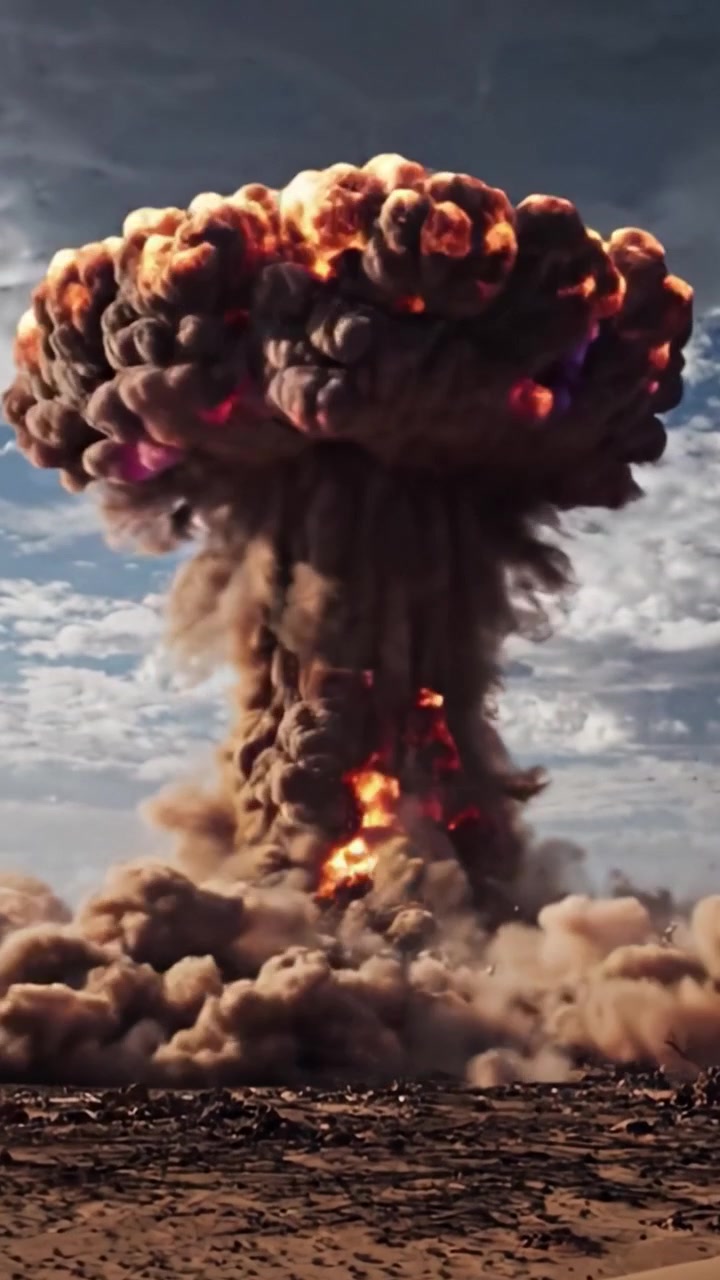 Eine spektakuläre Kernexplosion entfaltet sich: Faszinierende Szenen des anfänglichen hellen Blitzes und der Bildung einer massiven Pilzwolke vor einem dramatischen Himmel.