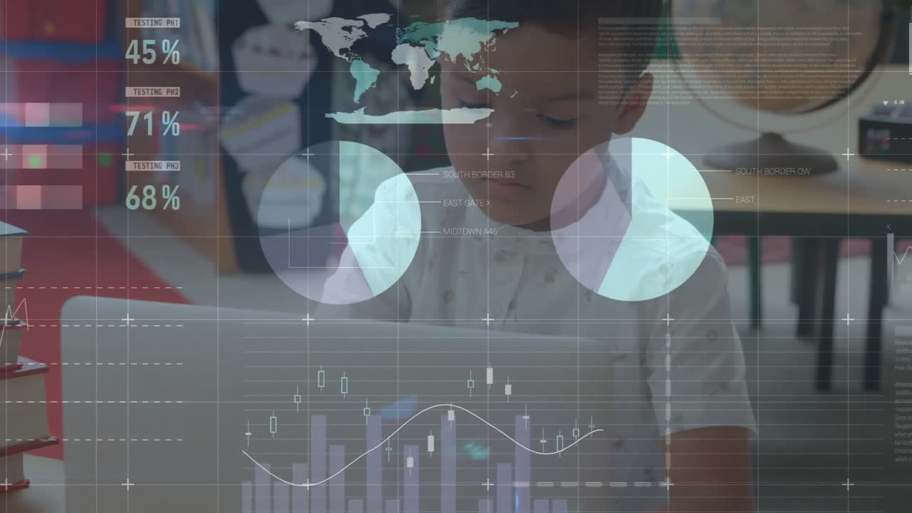 animación de procesamiento de datos en gráficos sobre un niño biracial usando una computadora portátil en una clase de escuela primaria