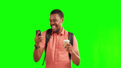 Pantalla-Verde,-Teléfono-Y-Hombre-Negro-Emocionado