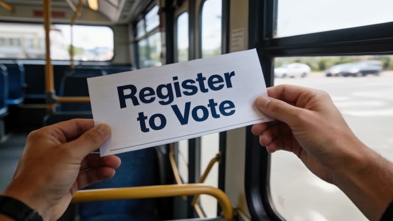 Holding Register to Vote flyer, hands tilting toward camera while bus moving, urging voting