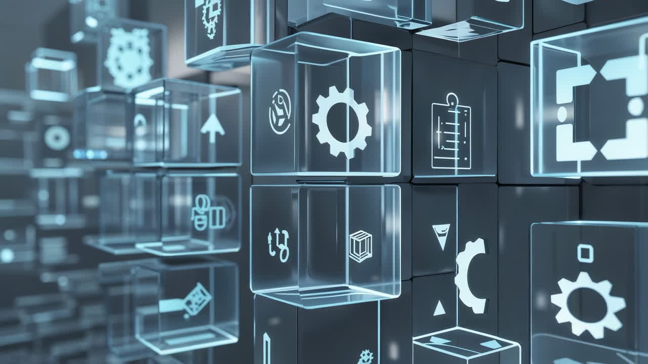 Abstract Technology Concept with Glowing Digital Icons in Cubes