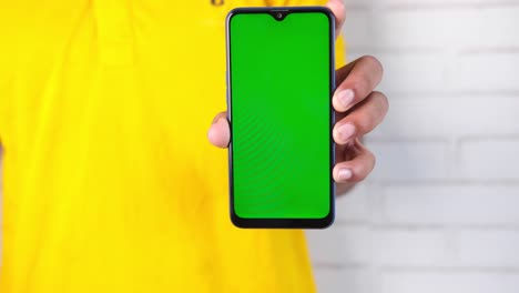 person holding smartphone with green screen