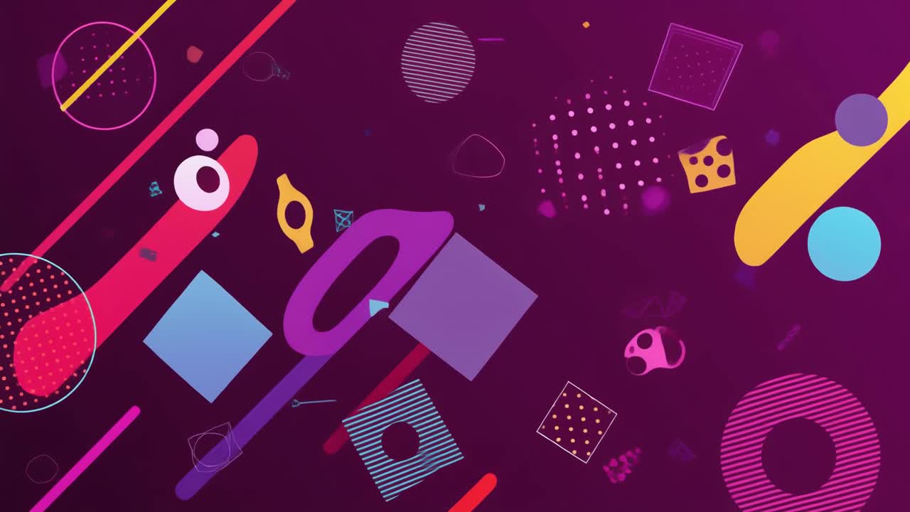 Dynamic Motion Graphics with Vibrant Geometric Shapes on Purple Background