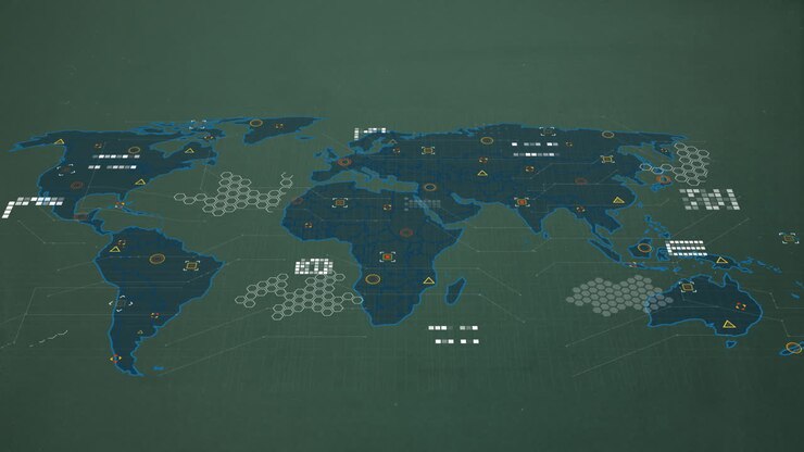 Animation of world map with data points and network connections on green background