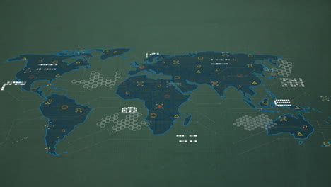 animation of world map with data points and network connections on green background