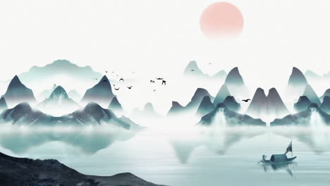 digital art ancient peaceful fantasy nature landscape painting traditional ink chinese style artistic conception flying birds fishing boat background