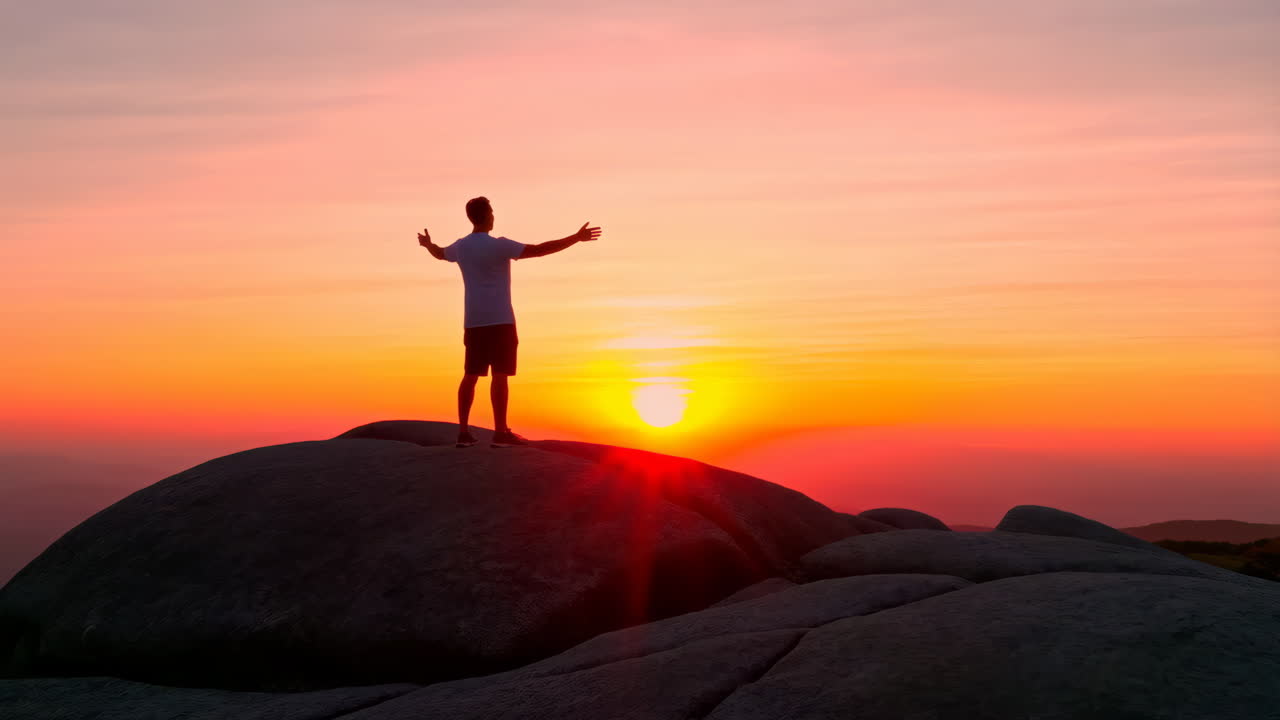 Man standing on a rock with arms outstretched at sunset