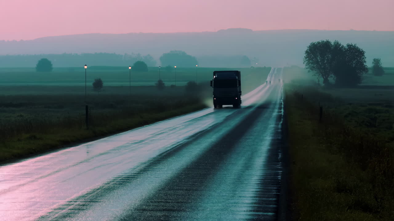 Truck on a Wet Road at Dawn or Dusk