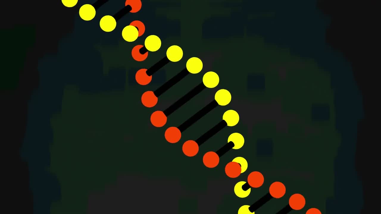 animación de una cadena de adn de modelo 3d giratorio, sobre un fondo verde oscuro