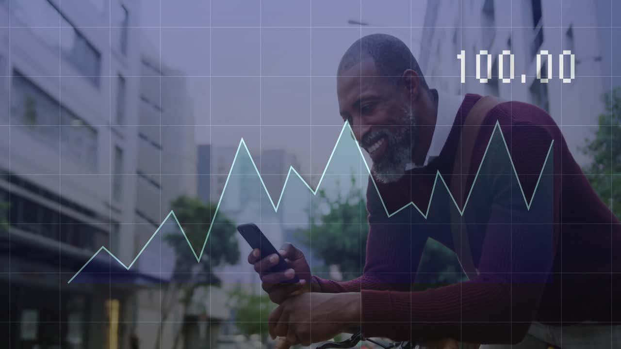 animazione dell'elaborazione dei dati finanziari su un uomo afroamericano che usa uno smartphone