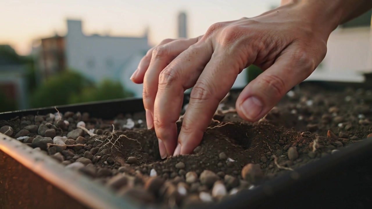 Making planting hole, hands pressing soil on balcony planter for planting, revealing pebbles roots