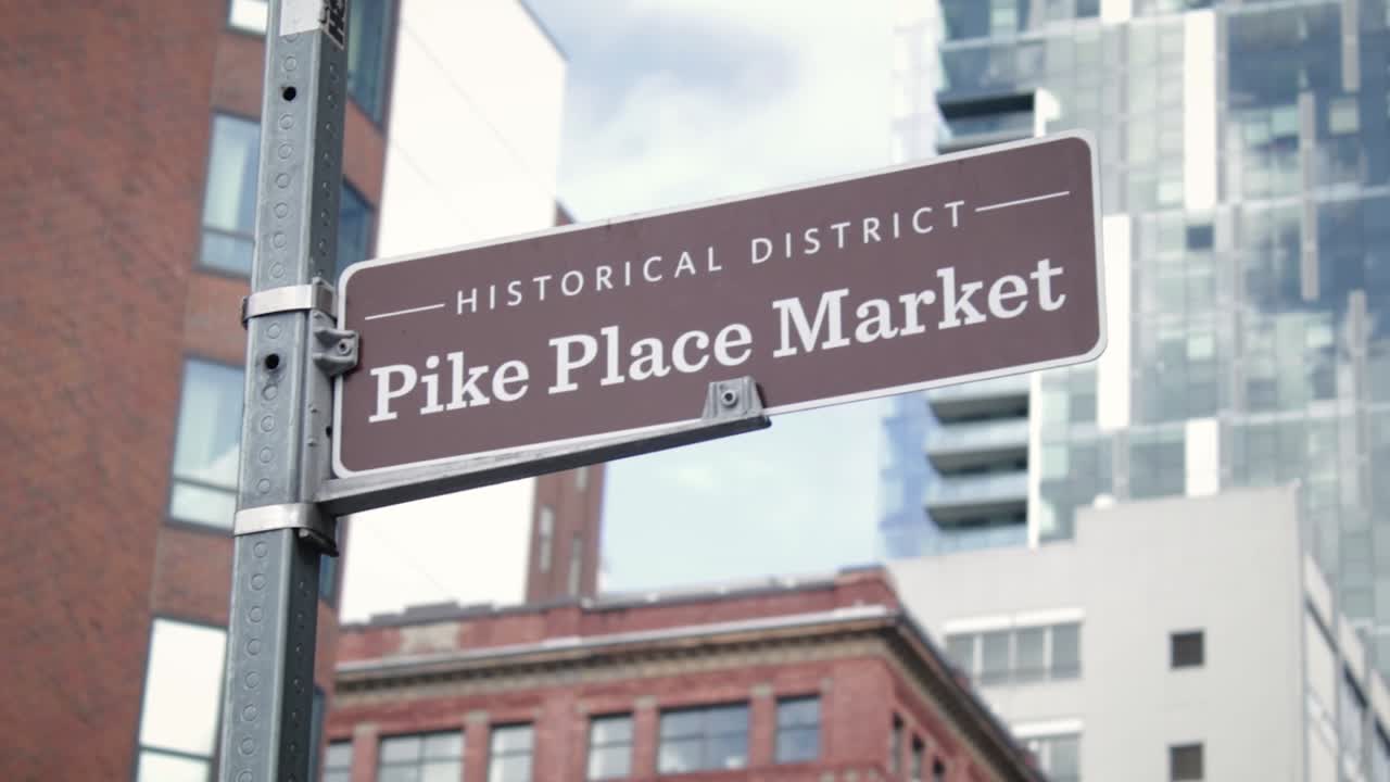 Downtown Seattle Pikes Place Street Sign Slow Motion