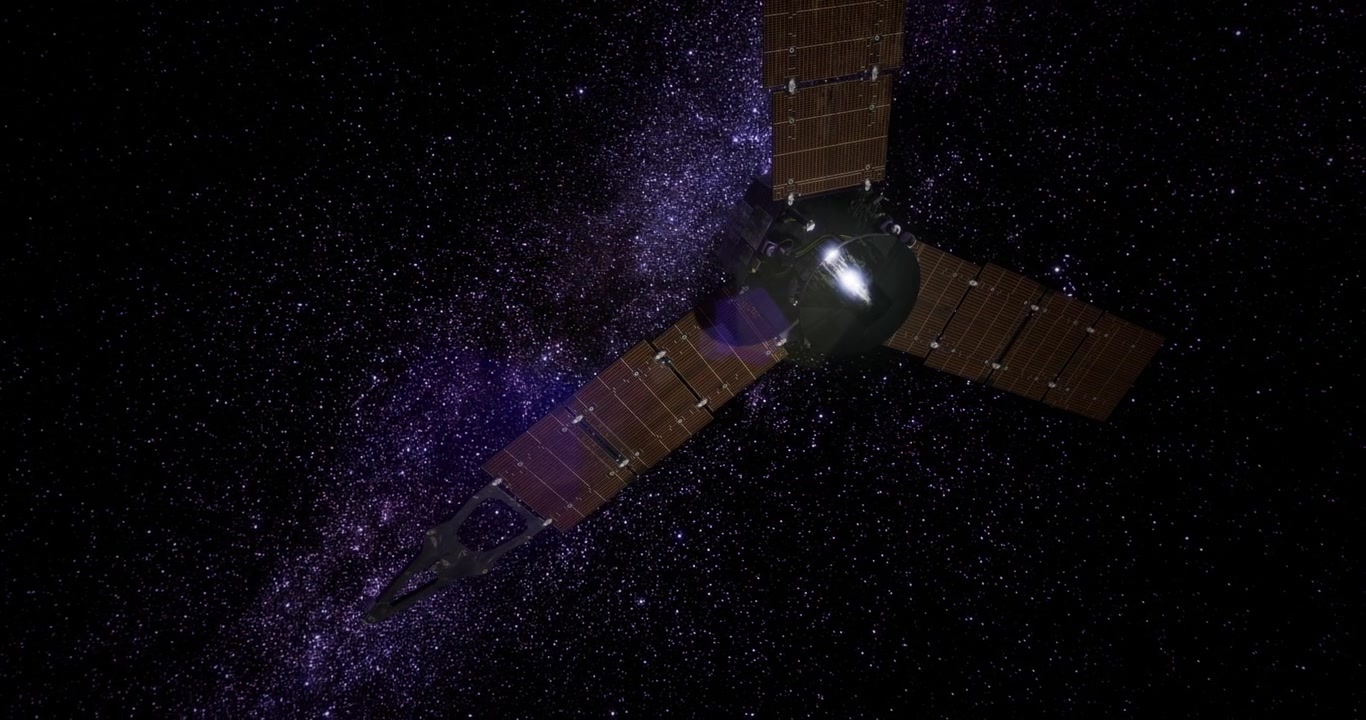 Juno spacecraft exploring the cosmos amidst a field of stars and galaxies