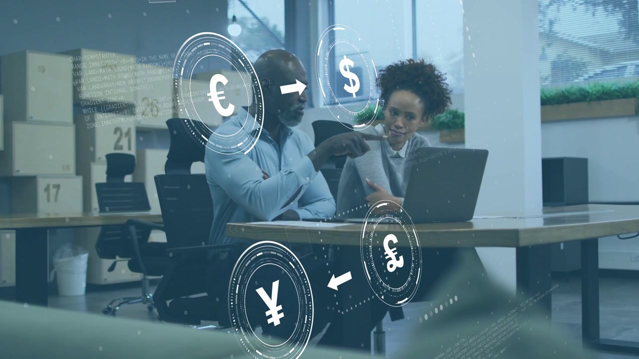 Man gesturing at laptop and woman pointing, currency HUD activating, analyzing finance