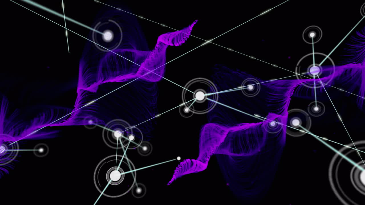 Animation of network of connections over glowing purple digital wave against black background